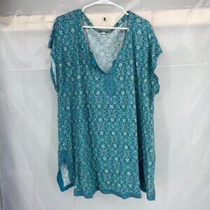 J Jill Women 4X Floral Tunic Top Linen Blend Blue V Neck Side Slits Short Sleeve